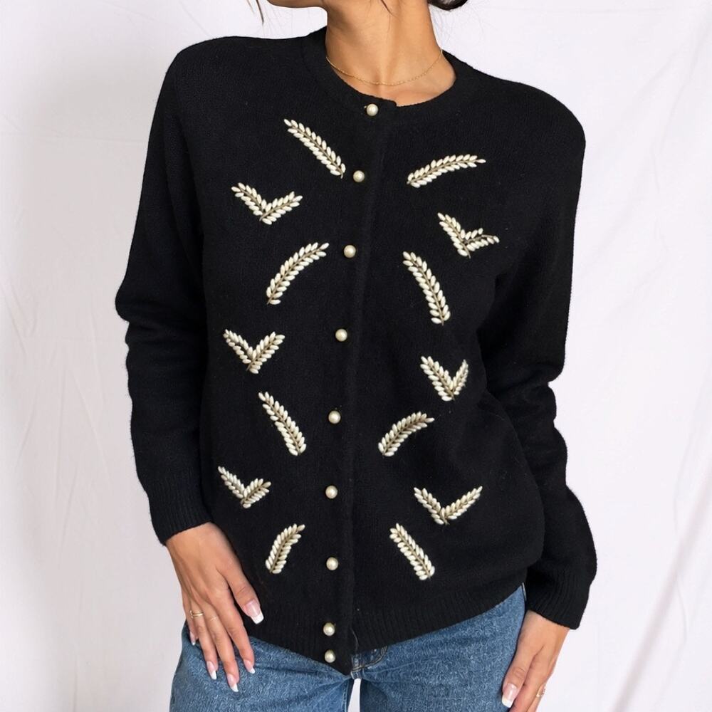 Vintage Charter Club Black Faux Pearl Wool Angora Cardigan Sweater Size Small